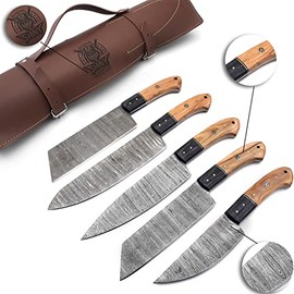 SHINY CRAFTS | Handmade Damascus Kitchen Knife Set with Camel Bone handle and Damascus Steel Blade, Chef’s Knives set with Leather Pouch Roll and High Tempered Razor-Sharp Blade (CS-17)