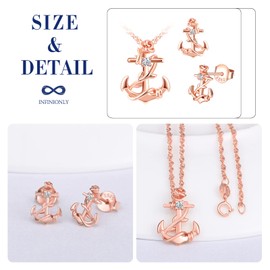 INFINIONLY Necklace Chains and Earrings for Women and Girls, 925 Silver Anchor Jewellery Sets, Anchor Necklace Pendant, Anchor Earrings Studs, Anchor Interwoven with Roses, Zirconia, Rose Gold, Cubic