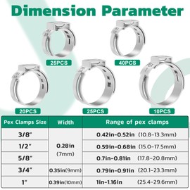 OURU 120PCS Pex Crimp Rings Assortment,304 Stainless Steel Pex Clamps 3/8",1/2",3/4",5/8",1" Single Ear Hose Clamps,Pex Cinch Clamps for Pex Fittings Pipe Tubing