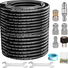 Sewer Jetter Kit for Pressure Washer Jet Drain Cleaner Hose 1/4 Inch NPT with Rotating and Button Nose Sewer Jetting Nozzles Kit 4000 PSI:_100FT