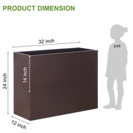 Metal Rectangular Planter Box Tall Planters for Outdoor Plants Modern Heavy Duty with Drainage Holes for Outside Indoor Patio Deck - Brown, 32”x 12”x 24”