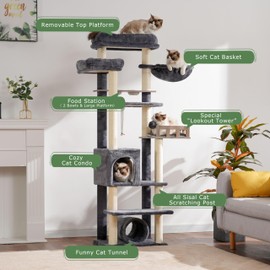 Gitelsnour Cat Tree with Tunnel, Cat Tower for Indoor Cats, Tall Cat Tree Tower with Cat Condo, Food Station, Large Platform, Scratching Posts, Hammock, Smoky Gray GCT021G