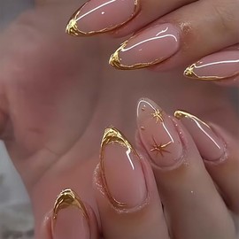ONPRESS 24 uñas postizas francesas doradas con punta francesa, cortas, almendradas, con diseño de estrella, color piel, reutilizables, brillantes, de 