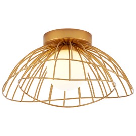 MhyTogn Modern Semi Flush Mount Ceiling Light, White Opal Glass Globe Shade Antique Brass Brush Paint Finish Chandelier for Porch Hallway Kitchen Balcony Bedroom