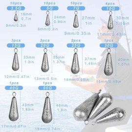 MINZHI 44 Pieces Teardrop Fishing Weights, Ten Sizes, Teardrop Fishing Weights Set, Fishing Lead Set, Fishing Lead Sinker Set, Pear Lead Fishing Set, Lead Fishing Base Lead