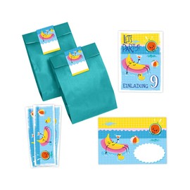 Minkocards 12 Invitation Cards for 9th Children's Birthday Swimming Pool Boys Girls Invitation Ninth Birthday Includes 12 Envelopes, 12 Party Bags / Petrol Blue, 12 Stickers and 12 Bookmarks