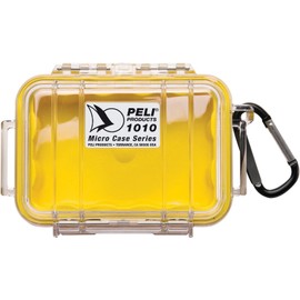 PELI 1010 Kleiner Schutzbehälter Peli Micro Case für Sensible Utensilien, IP67-Zertifiziert, 0,3L Volumen, Transparent/Gelbe Grummieinlage