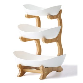 Liywall - 3 Tier Ceramic Fruit Bowl With Bamboo Wood Stand for Kitchen Counter,Porcelain Fruit Basket for Vegetable Storage,Snack Dessert Cake Tray Plate Rack for Party Wedding - White