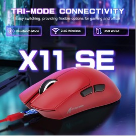 Attack Shark X11SE Ultra-Light Wireless Gaming Mouse, Tri-Mode-2.4G/USB-C Wired/BT, PixArt PAW3311 Gaming Sensor, 22KDPI, 5 Programmable Buttons for Laptop, PC, Mac Gamer (Red)