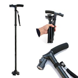 Folding Cane with Led Light, Adjustable Canes and Walking Sticks for Men and Women, Walking Cane Stick for Elderly with Cushion T Handle and Pivoting Quad Base…