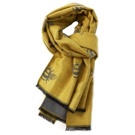 LilyRosa® Bee Winter Scarf Reversible Cosy Warm Blanket Shawl Scarfs Bees Large Grey Pink Blue Mustard Orange (Mustard Grey)
