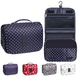 YEMEDA Toiletry Bag Travel Bag with Hanging Hook, Waterproof Capacity Hanging Multifunctional Makeup Bag for Toiletries, Portable Cosmetic Bag Travel Organizer for Women and Men, B4-Navy Dot