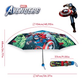BONNYCO Children's Avengers Umbrella Storm Proof with Reinforced Structure - Folding Umbrella with for Bag, Backpack or Travel | Umbrella Small Boys - Gifts for Boys, blue, closed