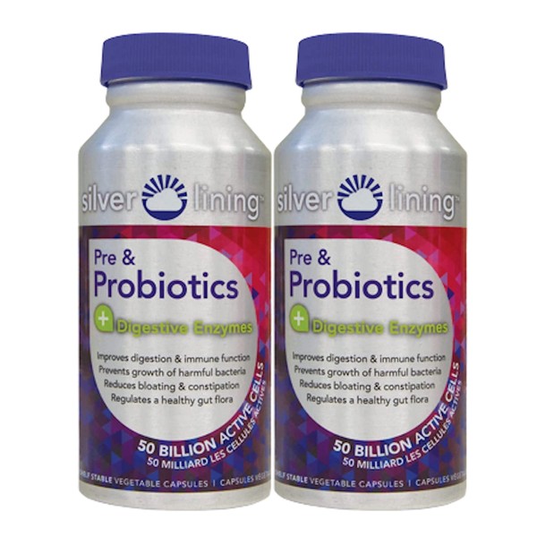 Silver Lining Pre & Probiotics + Digestive Enzymes / 50 Billion CFU / 2 Months Supply/No Refrigeration Necessary / 120 Shelf Stable Vegetable Capsules Per Container (Pack of 2)