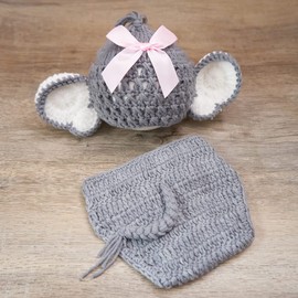 Newborn Photography Prop Crochet Baby Elephant Outfit Knit Baby Photo Prop Costume Set (Gray+Pink)