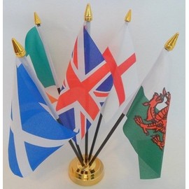 Union Jack United Kingdom England Scotland Ireland Wales 5 Flag Centre Table Desktop Display With Gold Base