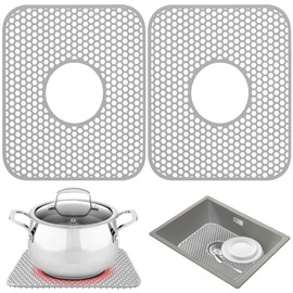 YUBIRD Sink Protectors for Kitchen Sink - 13.58"x 11.6" Sink Mat, 2 PCS Silicone Kitchen Sink Mat for Bottom of Stainless Steel Sink(Grey, Ceter Drain)