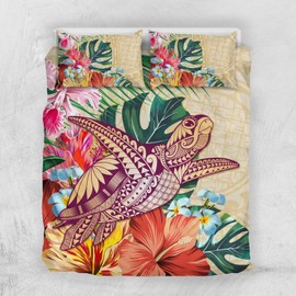 gearider 3 Pieces Tropical Polynesian Turtle Print Duvet Cover, Hibiscus Floral Plam Leaves Ultra Soft Comforter Cover Set, Size Queen