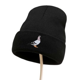 Pigeon Hat, Pigeon Gift, Beanie with Embroidered Pigeon, One Size Fits Most Black