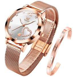 OLEVS Women's Rose Gold Watches Heart Diamond Japanese Quartz Movement Ladies Wristwatch Big Face Waterproof Mesh Belt Watch and Bracelet Set