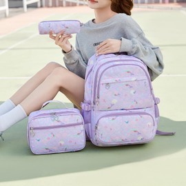 Createy 3Pcs Mermaid Backpack for Girls Backpacks Elementary Primary Middle School Bag BookBags Kids Backpack with Lunch Box (Mermaid Purple)