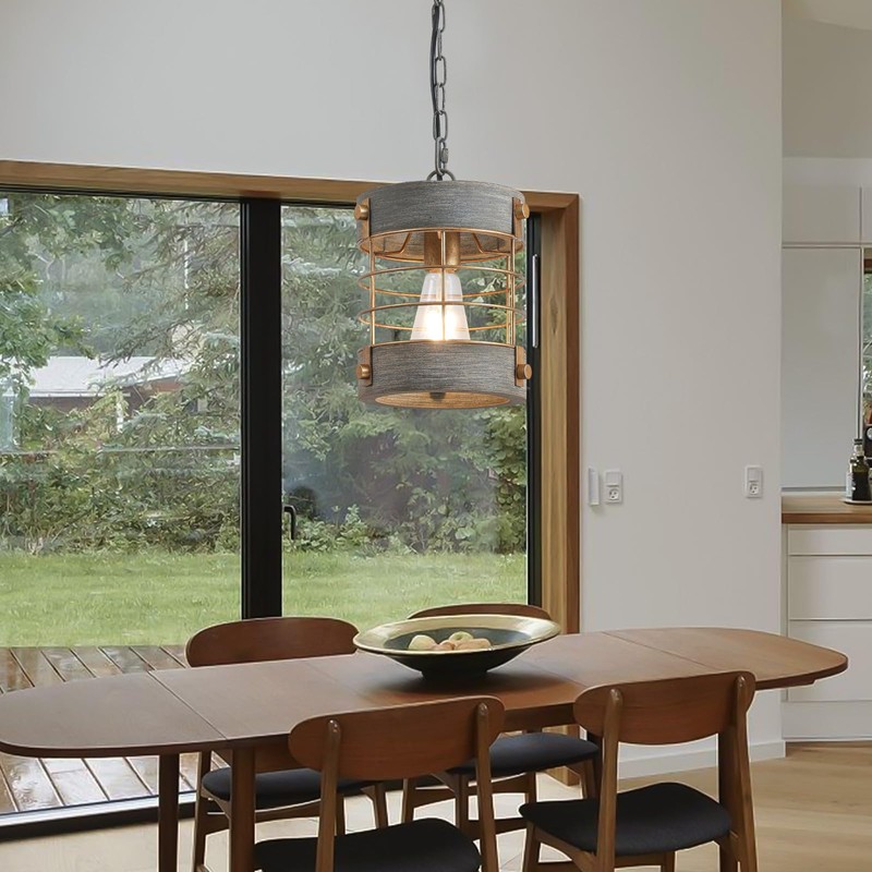 wochos Farmhouse Pendant Light, Adjustable Metal and Wood Chandelier Light