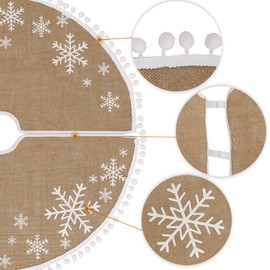 N&T NIETING Christmas Tree Skirt, 30 Inch Burlap White Snowflakes Tree Skirt with Small Pom Poms Tree Base Cover for Xmas Tree Christmas Decorations