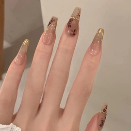 Hkanlre 3D Press on Nails Medium Fake Coffin Nails Tips Full Cover Luxury False Nails for Women and Girls 24PCS