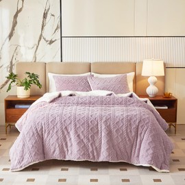 Joyreap 3-Piece Fluffy Faux Fur Sherpa Comforter Set Purple, King Size Luxury Tufted Bedding Comforter Set, All Season Soft n Cozy Plush Comforter Bed Set- 100x88 inches