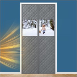 Augblinds Magnetic Thermal Insulated Door Curtain Fits Door Size 36" x 82", Oxford Cloth Thicken Cotton Fiber Filled, Self-closing Screen Insulation Cover Keep Warm in Winter, with Clear Windows, Grey