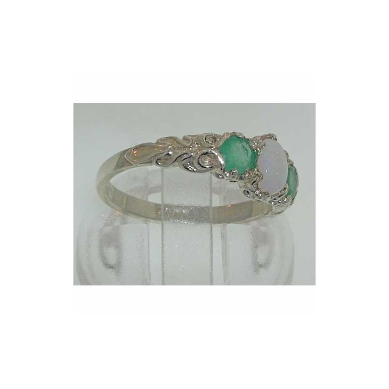 925 Sterling Silver Real Genuine Opal and Emerald Womens Band