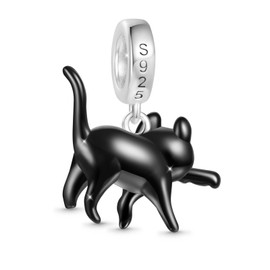 GNOCE Black Cat Pendant Dangle Charm, S925 Sterling Silver Dangle Charms for Women Wife, Valentine‘s Day, Mother’s Day Jewelry Gift