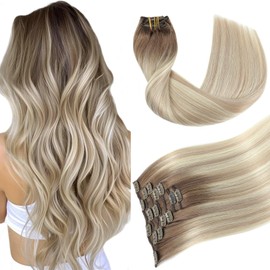Youngsmile Human Hair Extensions Clip in Balayage Ash Brown Fading to Platinum Blond mixed Ash Blond Clip in Hair Extensions For Women Easy To Install Full Head 16inch 7Pcs 120g (CLIP#8/60/18-16Inch)