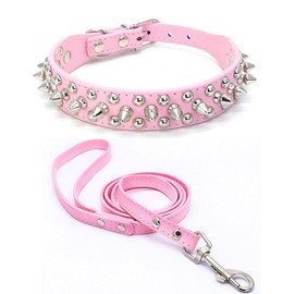 Yiwong Spiked Leather Dog Collar Lead Set, Bullet Nail Rivet Dog Collar, Leather Dog Collar with Studded for Medium, Pitbull, English Bulldog (XS, Pink)
