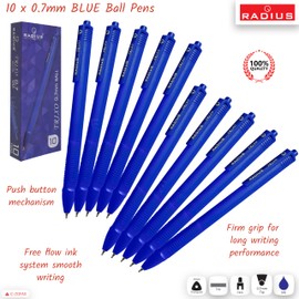Retractable Ballpoint Pens, 0.7mm Fine Point, BLUE, Pack of 10, RADTri Tri Grip Pens, Everyday Pens for School Office Home, iVAIDEX Black Ball Pen