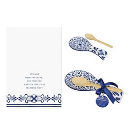 Youngs 21215 Ceramic Blue and White Talavera Spoon Rest with Bamboo Spoon and Tea Towel