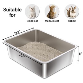 Stainless Steel Litter Box- 17.7" L x 13.77" W x 6" H Metal Cat Litter Box, Medium Cat Litterbox for Kitty or Rabbits,Non Stick, No Smell, Easy to Clean