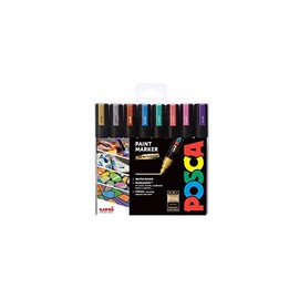 Uni Posca PC-5M Paint Marker Pen Wallet, Metallic Colours Set of 8 Assorted Colours, Medium Tip