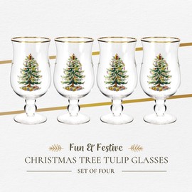 Spode Christmas Tree Glassware - Set of 4 -Made of Glass – Gold Rim- Classic Drinkware - Gift for Christmas, Holidays, or Wedding - Drinking Glasses (Tulip Glasses)