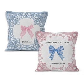 VRW Christian Throw Pillow Covers 18x18, Coquette Pink Blue Plaid Bow Bible Verse Decorative Pillow Covers for Girly Bedroom Dorm, Coquette Preppy Room Decor Accent Pillows Cover Pillowcases Set of 2