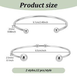 WEBEEDY 24 Pcs 2 Style Ball End Cuff Bracelet Ball Opening Bangle Wire Bangle Bracelet for Jewelry Making DIY Craft Supplies for Photo Bracelet Birthday Valentine's Day Gift, Silver, 6.1/6.5cm