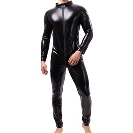 QiaTi Mens Latex Bodysuit Men Full Body Jersey Long Sleeve Full Suit Faux Leather Bodysuit, 1#black