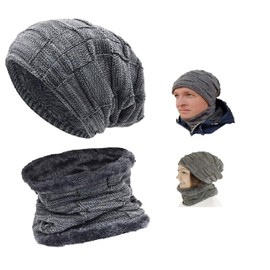 KlassMi Winter Hat with Scarf Grey Black Cashmere Imitation Beanie Knitted Hat Winter Loop Scarf for Men and Women, gray