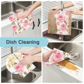 Pink Rose Flower Floral Kitchen Dishcloths, 6 Pack Dish Towels Quick Drying Tea Towels Absorbent Cleaning Towels Tableware Towel for Kitchen Bathroom