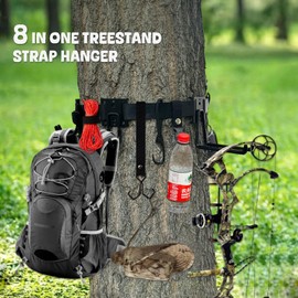 Treestand Strap Gear Hangers 8 in 1, Multi-Hook Hunting Tree Stand, Accessory Holder for Bow Hanger, 3 Metal Gear Hooks& 5 Outdoor Hooks, Storage Bag Included, for Hunting, Camping, Hiking