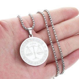 Libra Zodiac Sign Pendant Necklaces for Women Men 12 Constellation Charm Stainless Steel Astrology Horoscope Sign Disc Jewelry Birthday Gift (Libra-S)