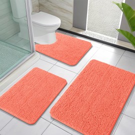 OLANLY Bathroom Rugs Sets 3 Piece, Soft Absorbent Chenille Bath Mats and U-Shaped Contour Toilet Rug, Quick Dry, Home Decor Accessories, Bath Mat Set for Bathroom (30"x20"+24"x16"+24"x20", Coral)