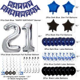 21st Birthday Decorations for Men Boy Navy Blue, Happy 21st Birthday Balloons Banner with Printed 21 Hanging Swirl Confetti Latex Balloons Perfect for Birthday Party Decorations