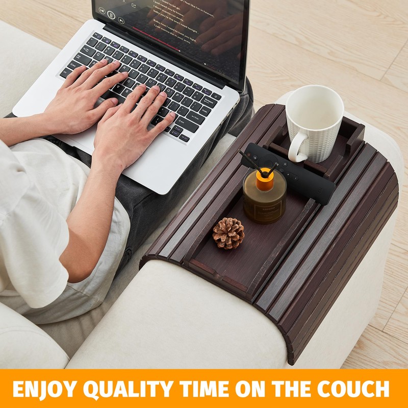 GEHE Bamboo Couch Cup Holder, Anti-Spill Sofa Arm Tray, Natural