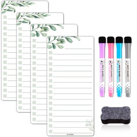 ALEZEL Dry Erase List Board for Fridge Magnetic, Refrigerator to Do List White Board Set - 4 Pcs Greenery Dry Erase Grocery List Whiteboards, 4 Markers + Eraser